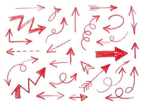 Collection of various hand drawn red arrows and doodles isolated on transparent background for whiteboard sketches and web design