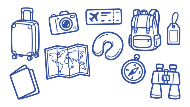 Travel items in a hand drawn doodle set featuring luggage camera and map sketches