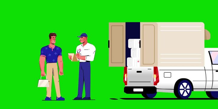Cartoon Courier with Clipboard Checking Delivery with Customer on Green Screen Animation