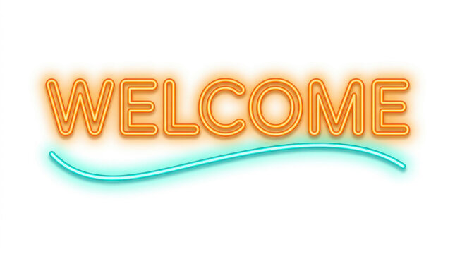 Glowing orange welcome neon sign with a wavy turquoise underline on a generated using ai