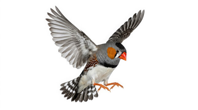 Single zebra finch bird flying with wide open wings showing patterned feathers generated using ai