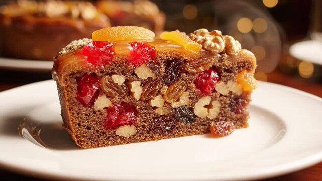 Slice of traditional fruitcake with dried fruits and nuts