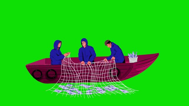 Cartoon Fishermen Catching Fish with Net on Boat Green Screen Animation