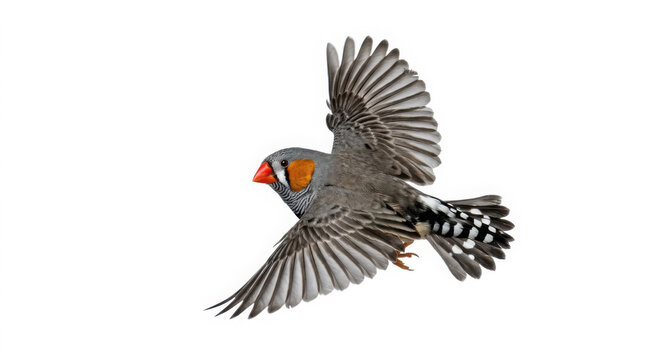 Zebra finch bird flying with wings spread wide isolated on a background, generated using ai