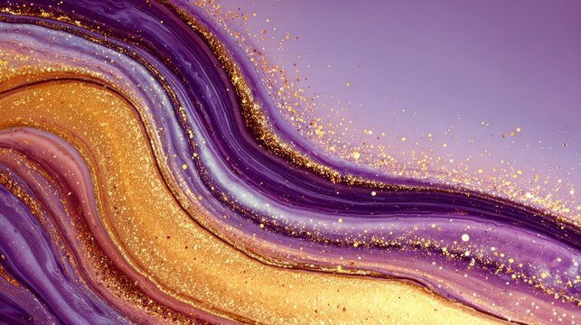 Elegant flowing abstract background in violet and yellow with liquid texture, golden glitter, vibrant swirls, artistic waves, marbled fluid patterns, luxury spring colors, decorative wallpaper for bra