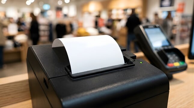 Receipt printer with blank paper roll at a retail store checkout counter