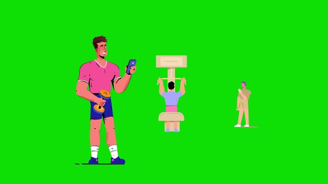 Cartoon People Working Out at Gym on Green Screen Animation
