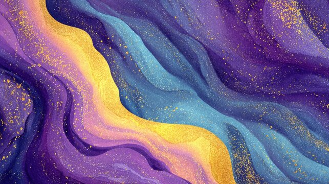 Elegant flowing abstract background in violet and yellow with liquid texture, golden glitter, vibrant swirls, artistic waves, marbled fluid patterns, luxury spring colors, decorative wallpaper for bra