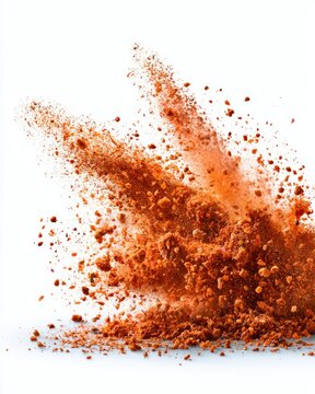 Red spice powder explosively scattering against a white background, capturing dynamic motion and texture.