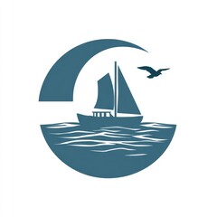 Fototapeta premium Sailboat on the sea within a blue crescent and a flying seagull