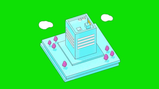 Isometric Modern Corporate Office Building on Green Screen Loop Animation