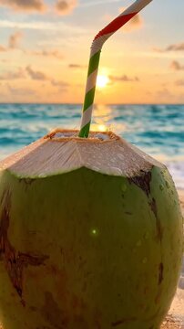 Tropical coconut cocktail on beach sand at sunset.