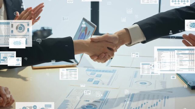 A group shaking hands and business data. Marketing, sales, contracts, service, collaboration, management, strategy, efficiency.