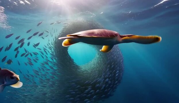 Sea turtle over swirling school of fish underwater &mdash; 4K video