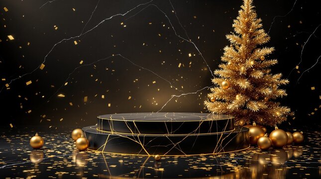 Christmas Podium with Gold Tree and Ornaments 3D Illustration