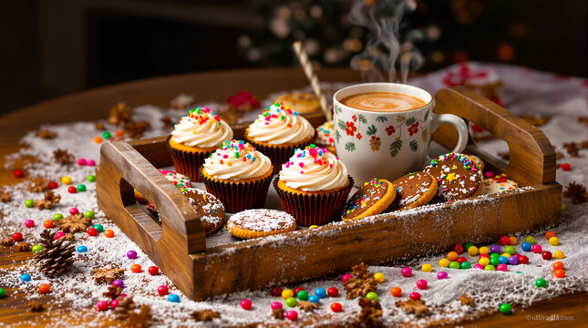 Festive Cupcakes and Hot Beverage on Wooden Tray