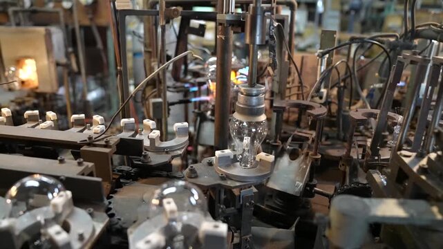 Complex bulb assembly line machinery with glass envelopes and wire mounts