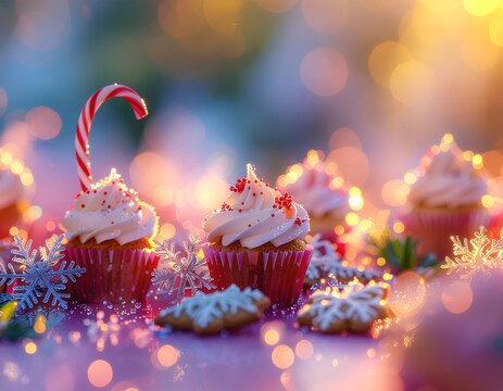 Festive Cupcakes with Candy Cane and Snowflake Decorations on Bokeh Background