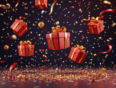 Floating Red Gift Boxes with Confetti 3D Illustration