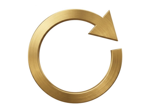 Circular arrow refresh icon made of brushed gold metal isolated on transparent background