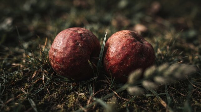 Two ripe red apples lie nestled in the lush green grass of an orchard, bathed in the warm glow of the autumn sun. Nature's beauty embraces this tranquil scene.
