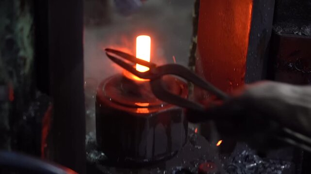 Glowing hot steel rod being inserted into a forging die with rising steam