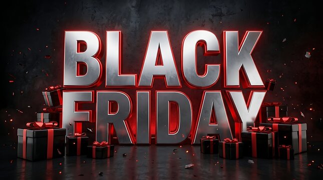 Large metallic black friday text with glowing red edges and gift boxes