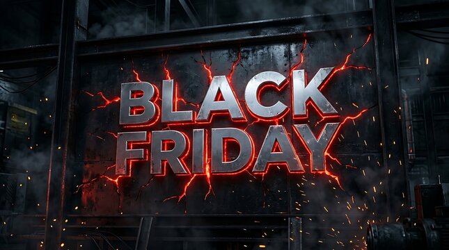 Metallic black friday text sign with glowing red cracks and embers on a dark industrial background