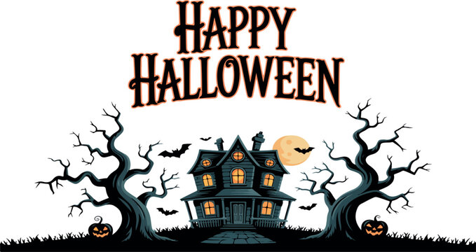 Happy Halloween Vector Banner with Haunted House and Pumpkins Isolated on White Background