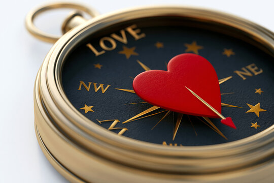 A vintage gold compass with a red heart pointer resting on a white background.