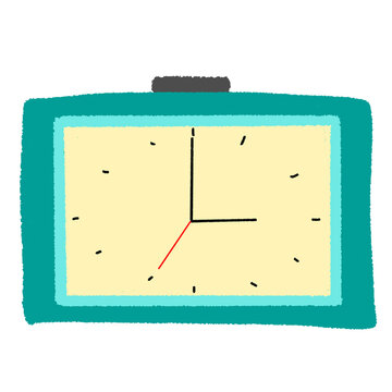 Teal rectangular alarm clock illustration with hand drawn crayon texture on isolated black background