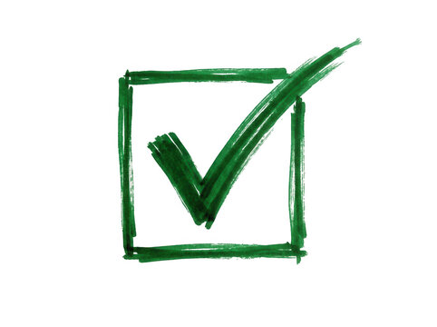 Hand drawn green checkmark inside a rough square frame isolated on transparent background for creative feedback