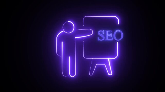 Neon SEO icon glowing in vibrant purple light depicting a stylized person presenting search engine optimization strategies on a whiteboard to symbolize digital marketing success and business growth.