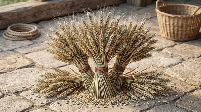 Dried wheat sheaves tied with rustic twine sit prominently on a weathered stone paved floor