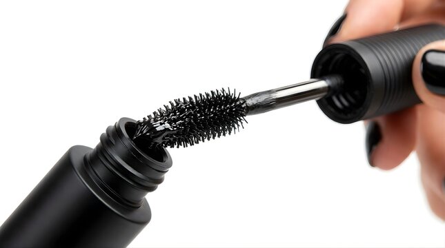 Black mascara brush pulled from a tube held by a woman on white background