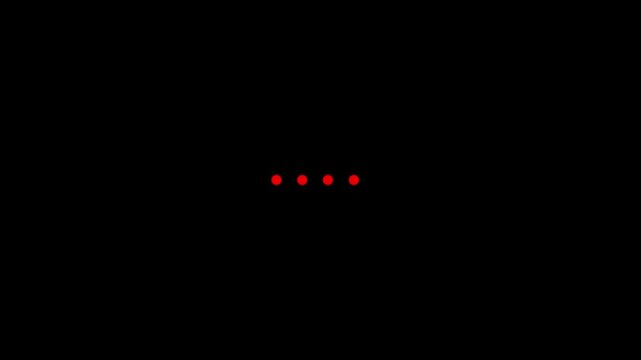 Progress indicator showing four glowing red dots aligned horizontally in the center of a deep black digital canvas representing system loading states during software execution and data retrieval.