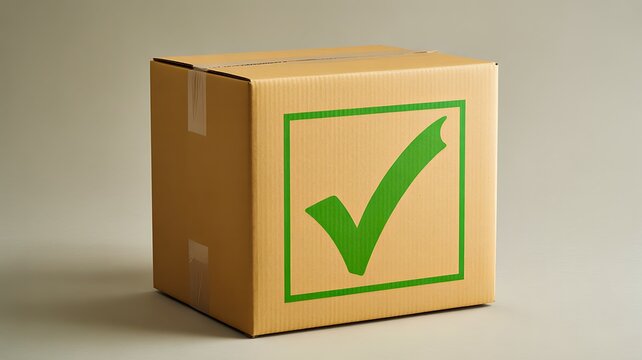 Shipping box with green check mark representing approved delivery, order confirmation and successful logistics