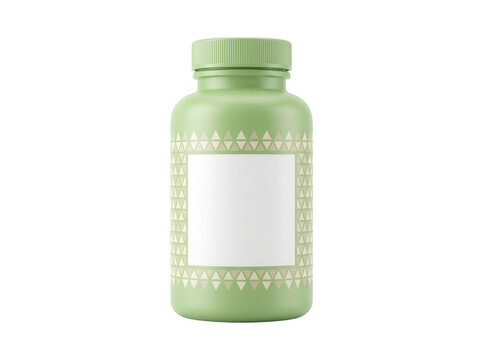 Green plastic supplement bottle featuring decorative triangle pattern border on label isolated on transparent background for wellness branding
