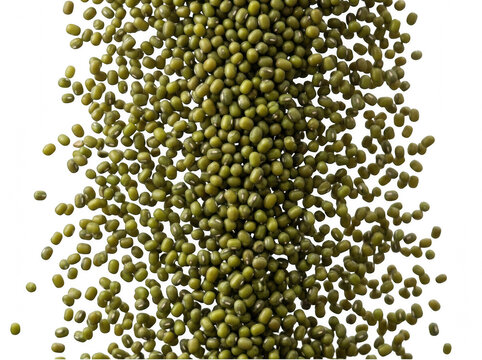 Pile of organic mung beans scattered on surface isolated on transparent background for culinary and healthy nutrition food photography