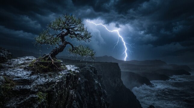 Dramatic lightning storm over a lone bonsai pine on cliff-edge rock, dark moody sky, rain droplets on leaves, cinematic atmosphere, ultra-detailed, 8k
