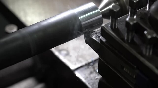 CNC lathe machining a polished steel rod with metal shavings curling off