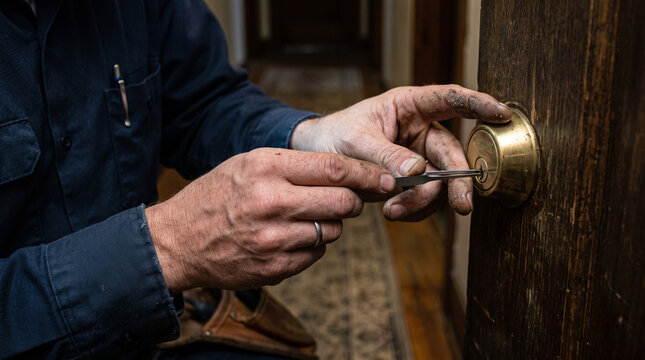 Professional locksmith uses a metal tension tool to carefully pick a brass residential deadbolt lock cylinder