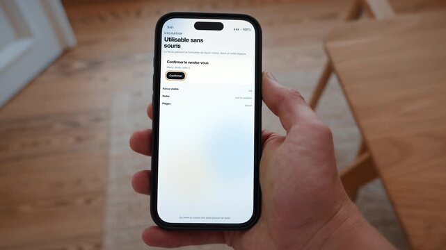 A visible focus ring moves through the form fields, showing keyboard only operation. Point of view shot with the phone held in the hand. Useful for usable without a mouse.