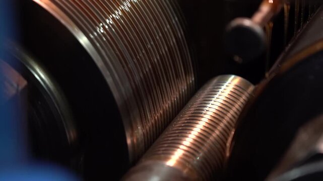 Close up of a thread rolling die forming spiral threads on a metal rod
