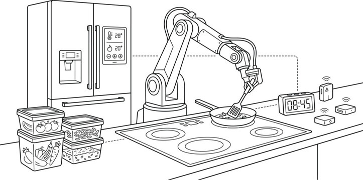 Robotic arm cooking food in a modern kitchen line art illustration