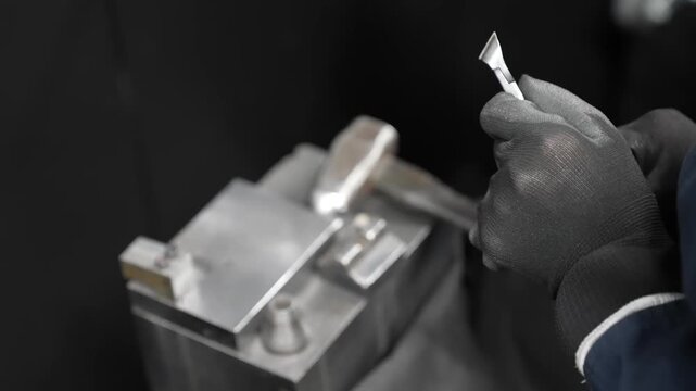 Hammer striking a metal part held firmly in a steel forming die block