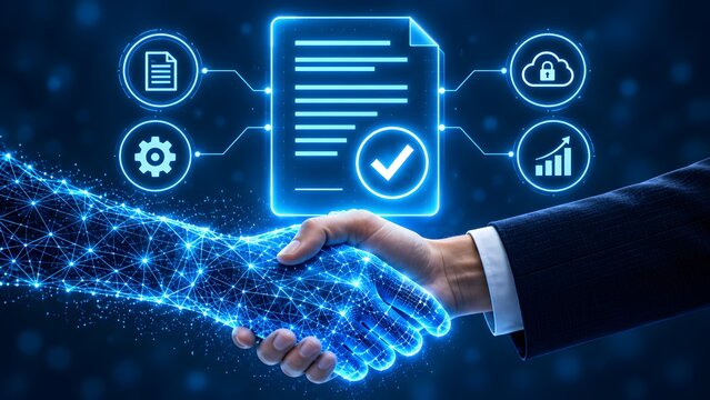 Digital smart contract concept with human and artificial intelligence handshake under glowing verified document representing secure electronic agreement