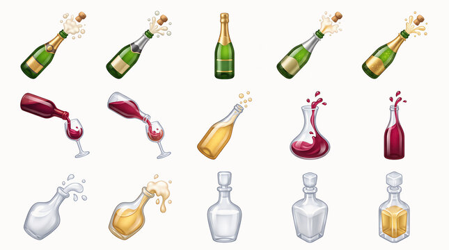 Champagne and wine bottles bursting with celebration during a festive toast isolated on white background