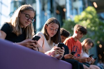 Fototapeta premium Teenagers using smartphones together on an urban bench for social media and digital lifestyle background and banner