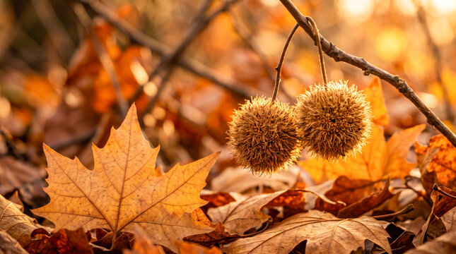 Two spiky brown sycamore tree seed balls hanging from branch over bed of fallen autumn leaves